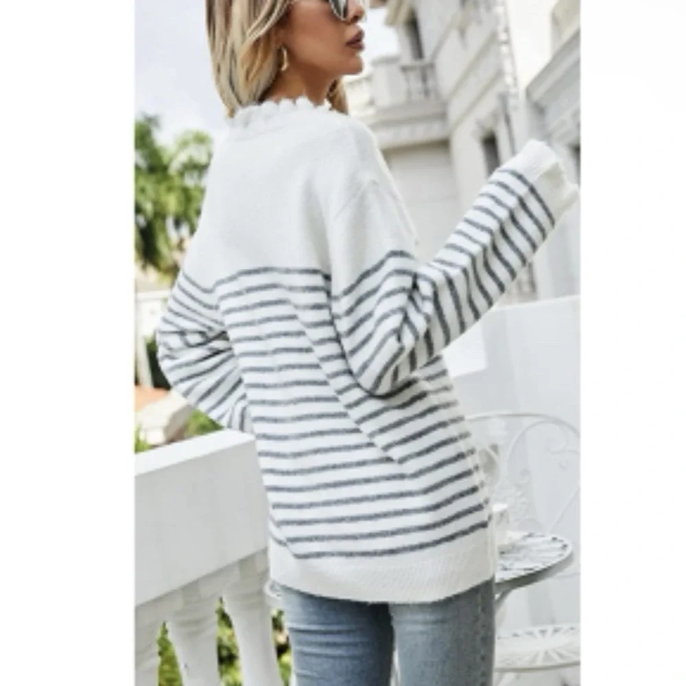 Pretty Garden Cardigan Sweater‎ Women M Stripes Nautical Buttons Soft Ruffle - Picture 2 of 9